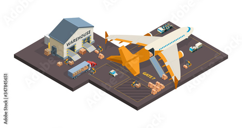 Cargo aircraft. Loading airplane packages and containers airport truck refueling vector isometric cargo transport. Container plane cargo, freight delivery aircraft illustration