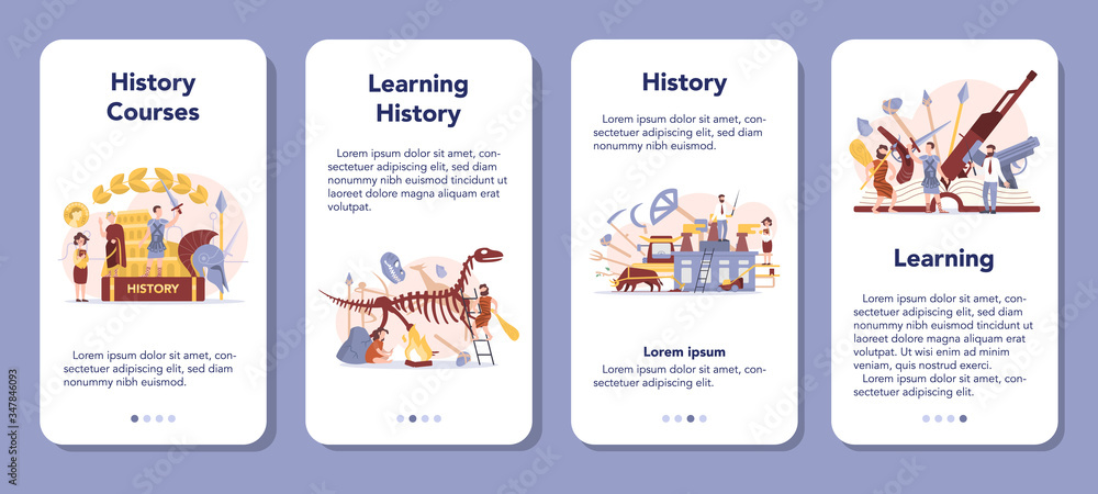 History concept mobile application banner set. History school subject.