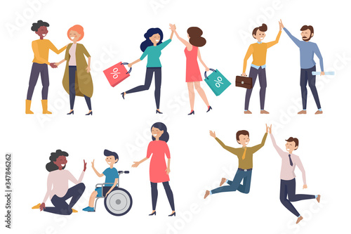High five. Happy people celebration hands gestures greeting friends and colleagues happiness of crowd vector set. Illustration friendship greeting, partnership together happy high five