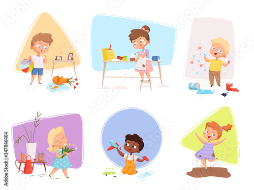Messy kids. Happy children playing in various energy games making troubles destroy toys delinquent vector characters. Illustration childhood, playing and playful preschooler