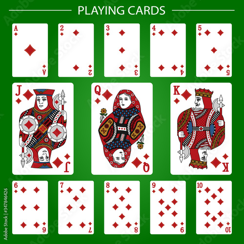 Playing cards of Diamonds suit on a green background. Vector illustration. Original design.