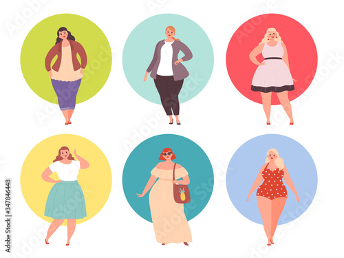 Plus size girls. Fat woman chubby in large clothing vector young people. Plump and big woman, young beauty chubby illustration