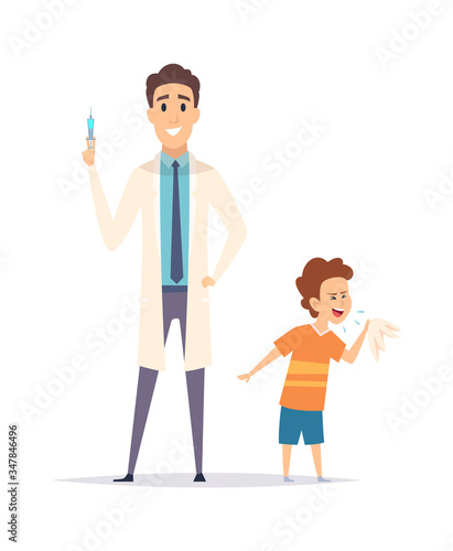 Baby coughs. Little boy and doctor. Flu virus protection, vaccination. Isolated pediatrician with syringe and ill child vector illustration. Prevention flu and virus, vaccine medical for health
