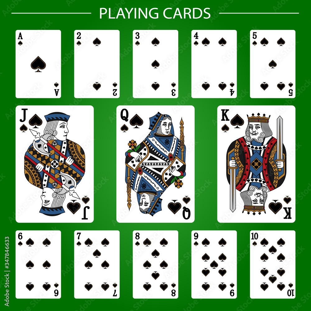 Spaed Playing cards of Spades suit on a green background. Vector illustration ...