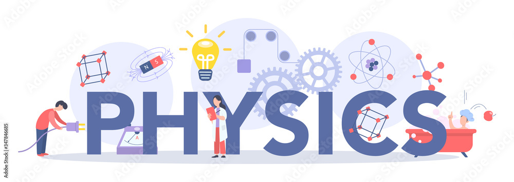 Physics school subject typographic header concept. Scientist explore