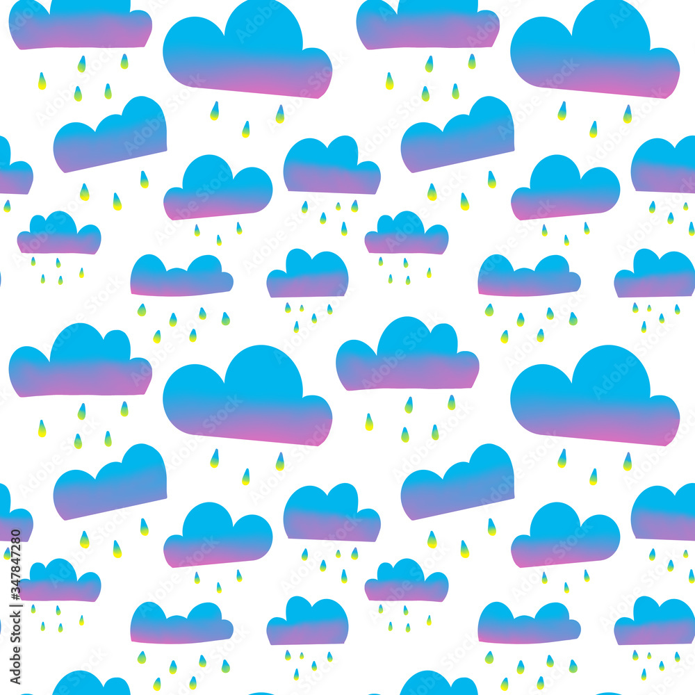 Blue and violet abstract clouds with raindrops seamless pattern.