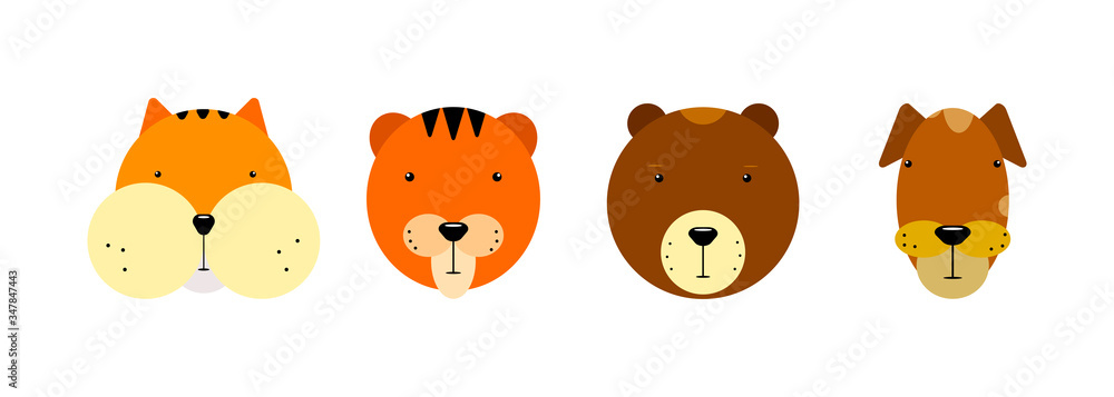 Obraz premium Kawaii animals faces set. Cute hamster, tiger, bear, dog isolated on white background. Stylized animals character. Collection emoji, stickers, prints. Funny emotional pet mascot Vector illustration