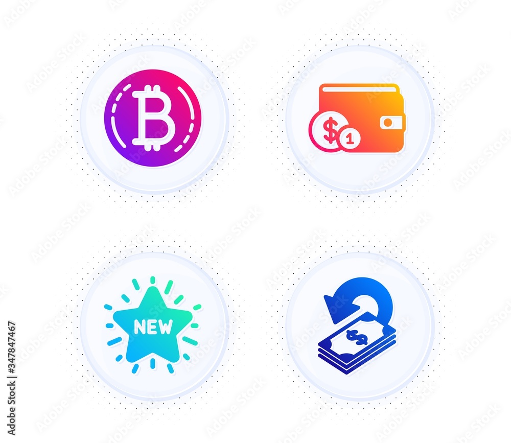 New star, Buying accessory and Bitcoin icons simple set. Button with halftone dots. Cashback sign. Shopping, Wallet with coins, Cryptocurrency coin. Financial transfer. Finance set. Vector