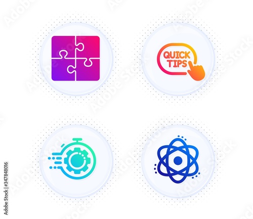 Puzzle, Seo timer and Quick tips icons simple set. Button with halftone dots. Atom sign. Engineering strategy, Cogwheel, Helpful tricks. Electron. Science set. Gradient flat puzzle icon. Vector