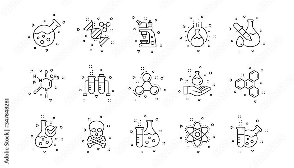 Obraz premium Chemical formula, Microscope and Medical analysis. Chemistry lab line icons. Laboratory test flask, reaction tube, chemistry lab icons. Linear set. Geometric elements. Quality signs set. Vector