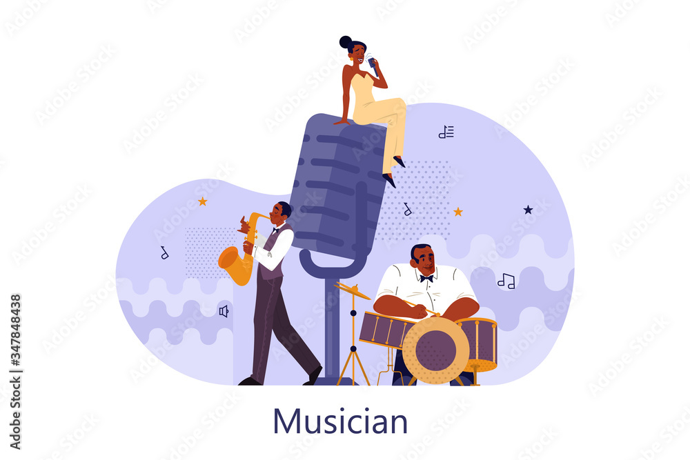 Φωτογραφία Vector illustration of musician playing music. Woman holding