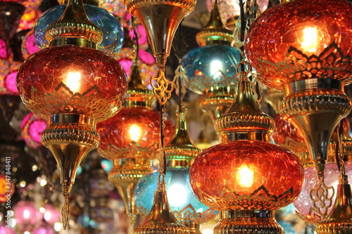 Beautiful decorative oriental lamps common in the Middle East for the Islamic celebration of Ramadan, Eid Al Fitr and Eid Al Adha festivals.