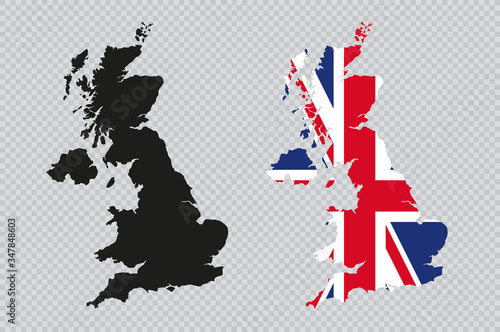 Fényképezés UK Solid Black Detailed Map Vector With British Flag
