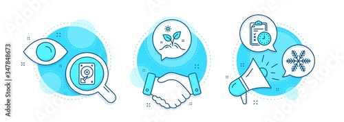 Grow plant, Exam time and Hdd line icons set. Handshake deal, research and promotion complex icons. Snowflake sign. Leaves, Checklist, Hard disk. Air conditioning. Business set. Vector