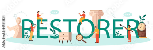Restorer typographic header concept. Artist restores an ancient statue