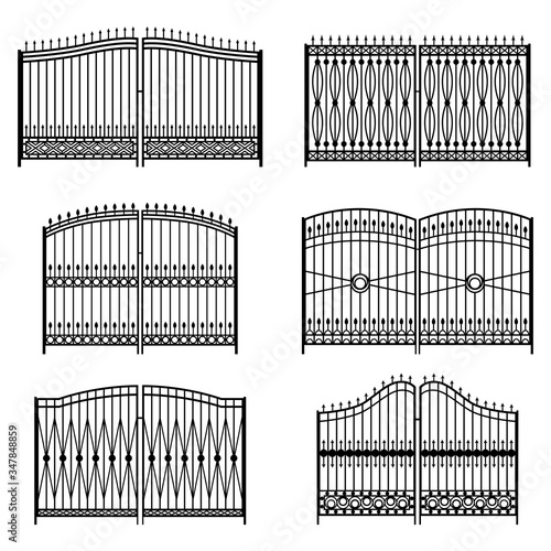 Set of silhouettes of decorative forged gates, vector illustration
