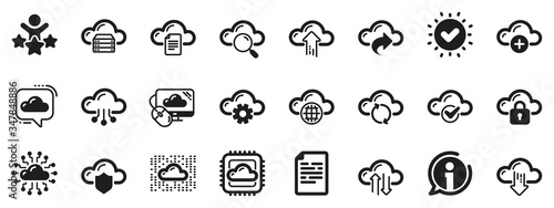 Set of Hosting, Computing data and File storage icons. Cloud data and technology icons. Archive, Download, Share cloud files. Sync technology, Web server, Storage access. Vector