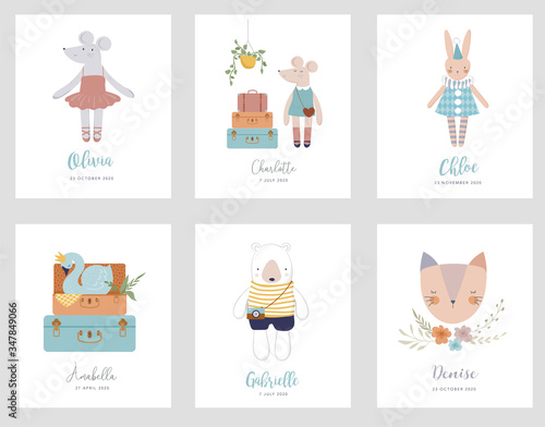 Trendy baby and children illustrations, baby shower cards, invites. Vintage style. Vector illustrations