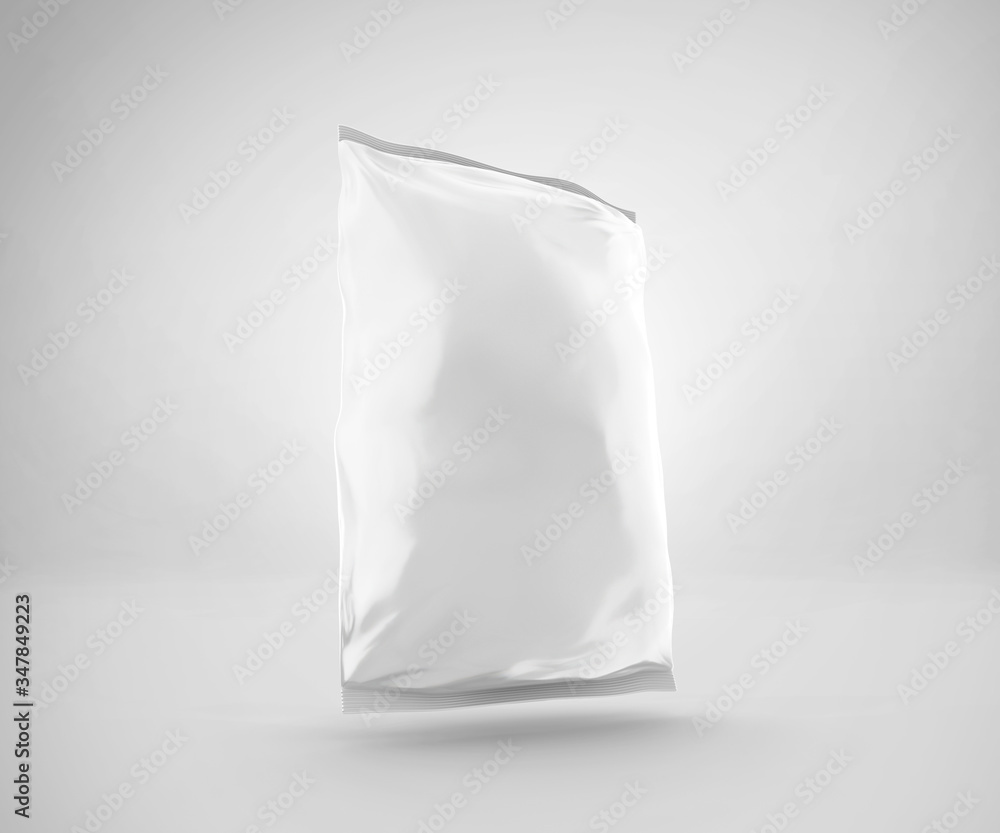 Blank Plastic Snack Bag Mockup, White potato chips container, 3d Rendering isolated on light background Blank Plastic Snack Bag Mockup, White potato chips container, 3d Rendering isolated on light background