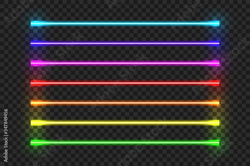 Neon tube. Light blue red color led lamp. Vector electric glowing pink yellow retro decor