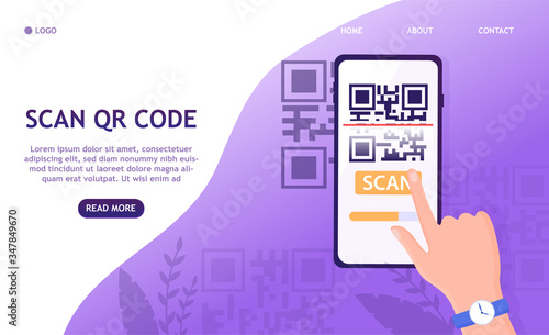 The concept of scanning a QR code with your phone. Mobile barcode reader saner. Landing page, banner, website page or mobile version. Electronic digital Payment via QR code. Flat Vector Illustration