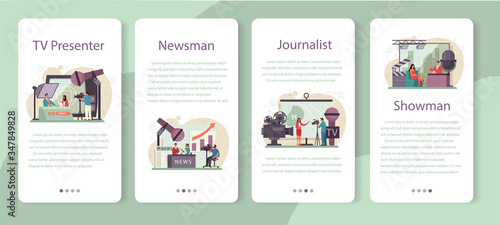 TV presenter mobile application banner set. Television host in studio.