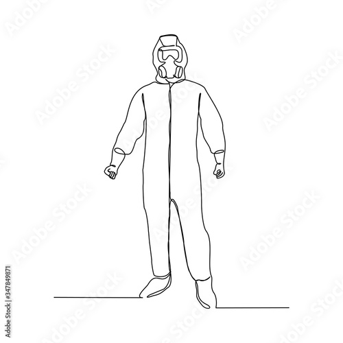 Continuous line drawing of man doctor in protective suit hazmat to protect body from virus and desease. Vector illustration