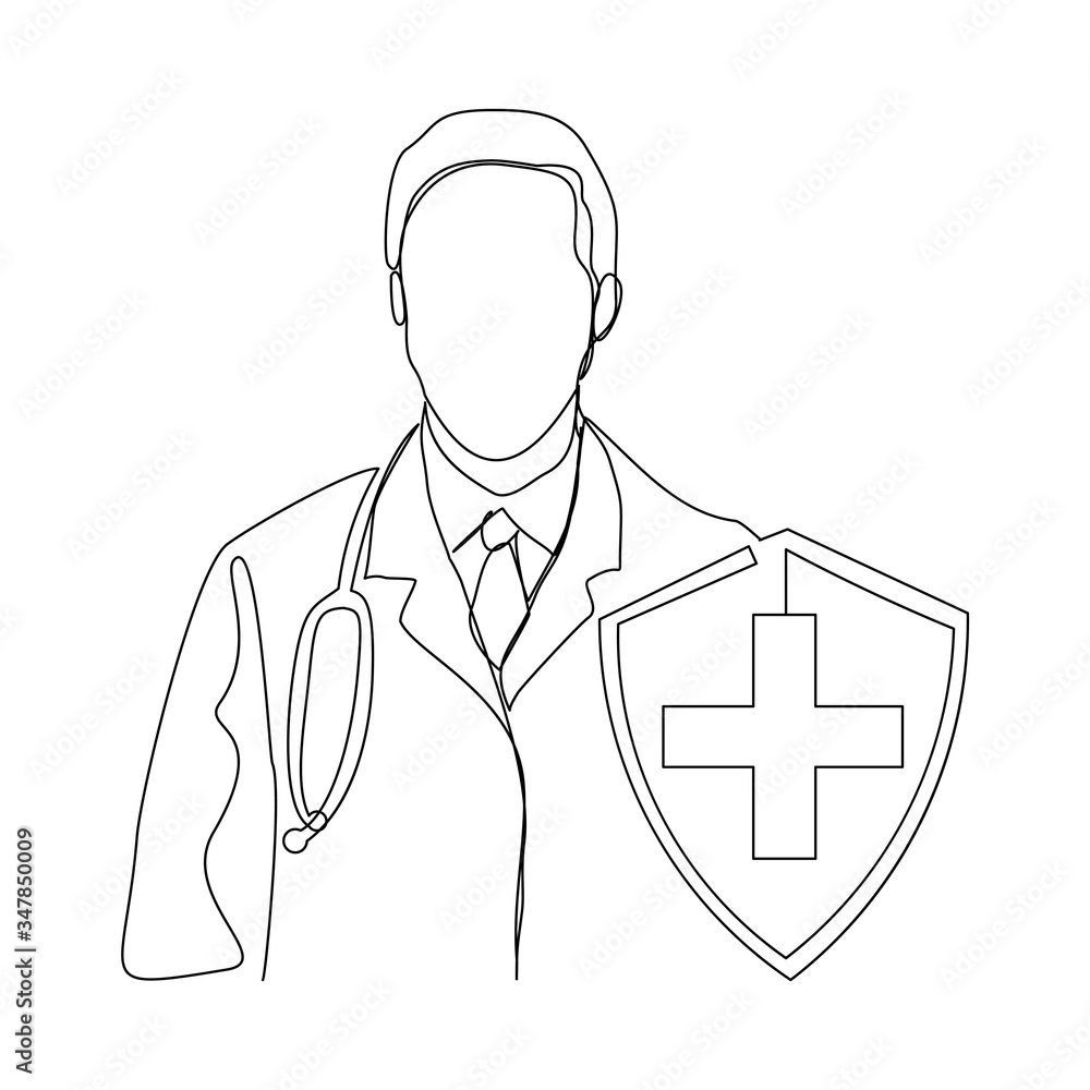 Continuous line drawing of man doctor with protective shield to protect from virus and disease. Vector illustration. Continuous line drawing of man doctor with protective shield to protect from virus and disease. Vector illustration.