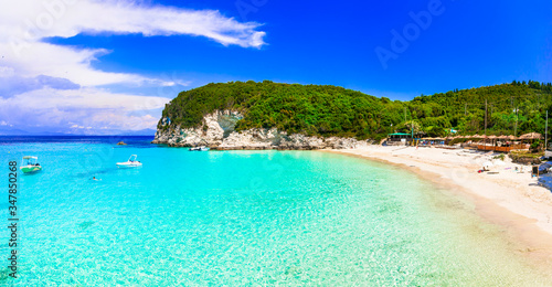 Greece holidays. One of the best beaches of Ionian islands - Vrika in Antipaxos with white sands and turquoise sea
