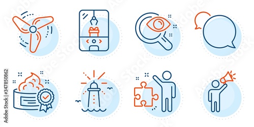 Cream, Crane claw machine and Messenger signs. Vision test, Lighthouse and Brand ambassador line icons set. Wind energy, Strategy symbols. Eyesight check, Navigation beacon. Outline icons set. Vector