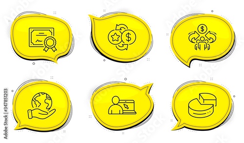 Loyalty points sign. Diploma certificate, save planet chat bubbles. Pie chart, Sharing economy and Online education line icons set. 3d graph, Share, Internet lectures. Change dollar. Vector