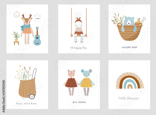 Trendy baby and children illustrations, baby shower cards, invites. Vintage style. Vector illustrations