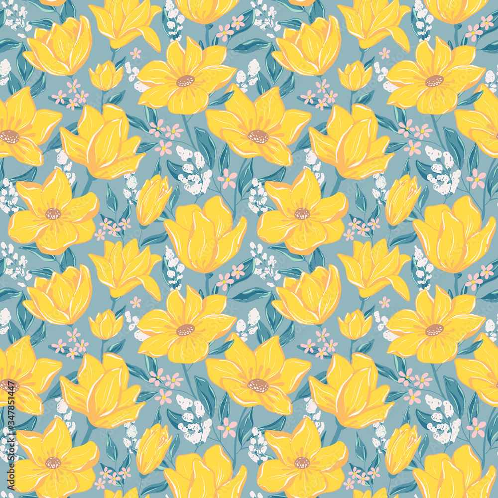 Flowers seamless pattern. Tile vector illustration of endless petals and flowers.