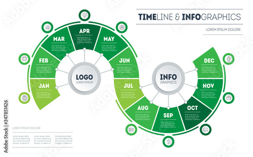 Transformation plan for the year. Gardener's calendar template with 12 months, steps or processes. Time line with icons.
