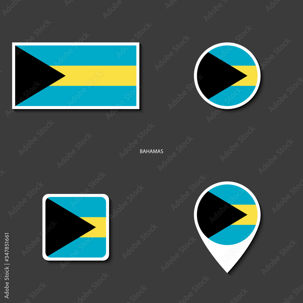 Bahamas flag icon set in different form ( rectangle, circle, square, marker icon) on dark grey background. Bahamas flag icon set in different form ( rectangle, circle, square, marker icon) on dark grey background.