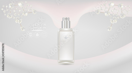 Beauty product ad design, white cosmetic container with collagen solution advertising background ready to use, luxury skin care banner, illustration vector.