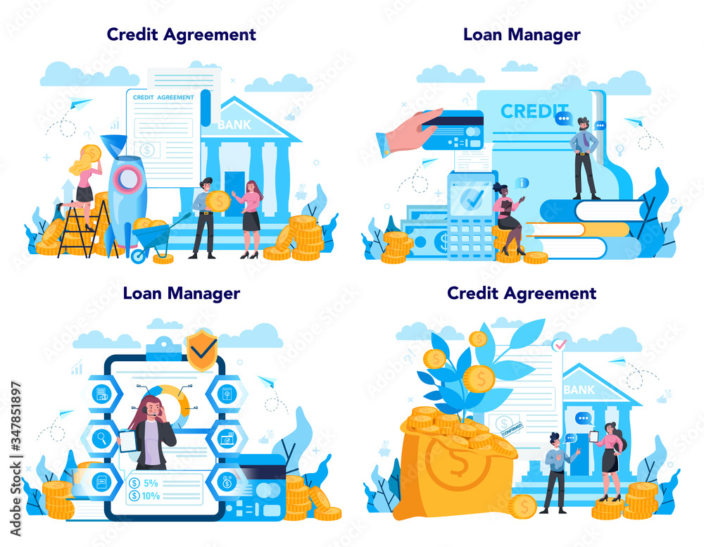 Loan manager concept set. Bank employee that work with individual