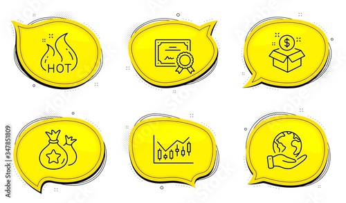 Loyalty points sign. Diploma certificate, save planet chat bubbles. Post package, Financial diagram and Hot sale line icons set. Postbox, Candlestick chart, Shopping flame. Money bags. Vector