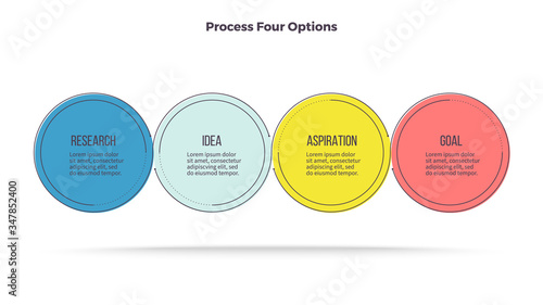 Business infographics. Timeline with 4 steps, options, circles. Vector template.