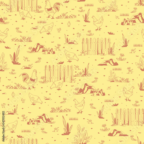 Seamless vector pattern with chicken in yard on light beige background. Simple farm house wallpaper design with birds.