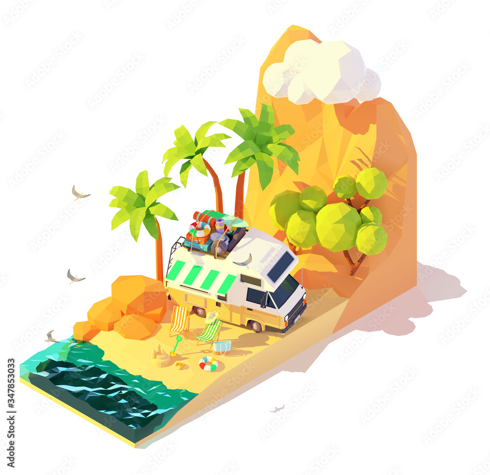 Vector isometric camper on the sunny tropical beach. Summer travel and ...