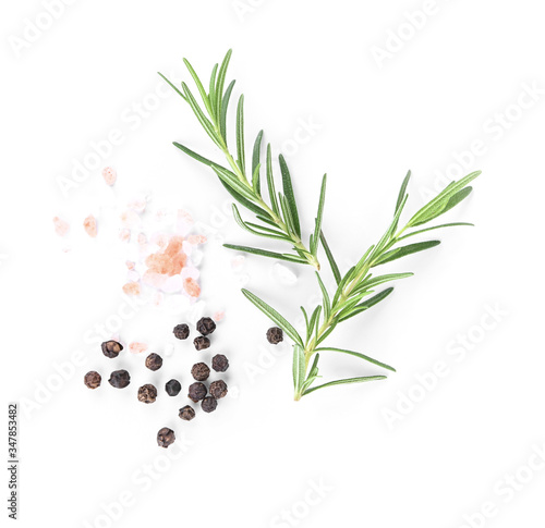 Rosemary  ; pepper ; Pink salt  isolated on white background.
