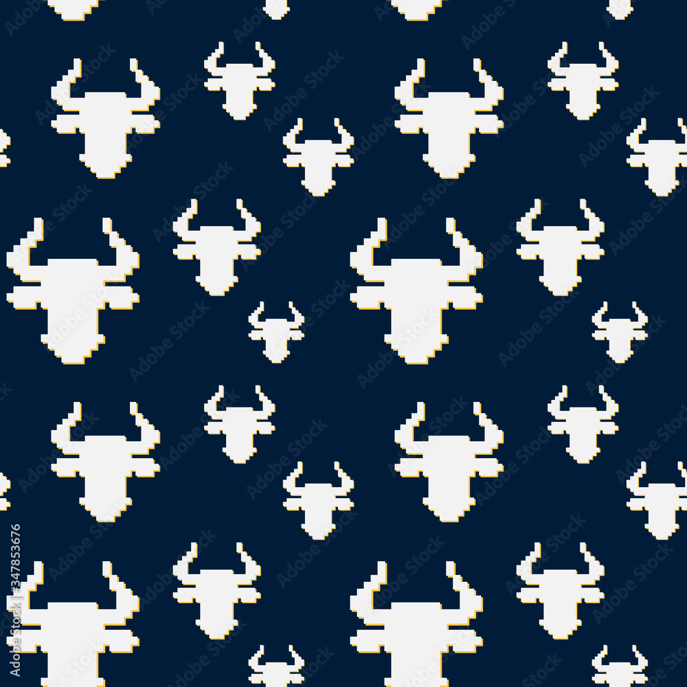 Fototapeta premium Seamless pattern with pixel Bulls-symbol of the New year. Chinese new year. Vector of the astrological sign of the bull