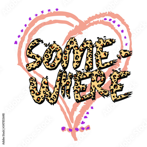T-shirt design with a heart drawn with a brush and a animal print gestural typography on white background