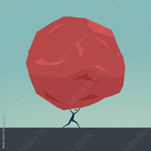 Businessman and huge stone . Business problem crisis hardship and burden concept