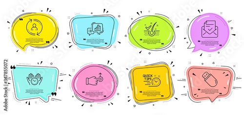 Graph chart, Usb stick and Anti-dandruff flakes signs. Speech bubbles with quotes. Drag drop, Quick tips and Safe time line icons set. User info, Approved mail symbols. Move, Helpful tricks. Vector