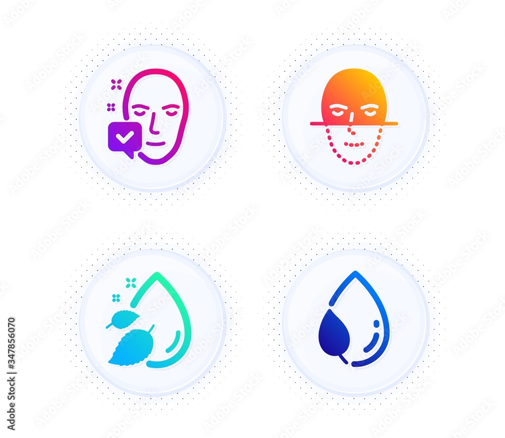 Water drop, Face recognition and Face accepted icons simple set. Button with halftone dots. Leaf dew sign. Serum oil, Faces biometrics, Access granted. Water drop. Healthcare set. Vector