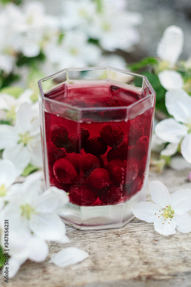 The cherry lemonade. Transparent glass. Lemonade with cherries. Blooming flowers. Spring. Drink with flowers. Red and pink The cherry lemonade. Transparent glass. Lemonade with cherries. Blooming flowers. Spring. Drink with flowers. Red and pink