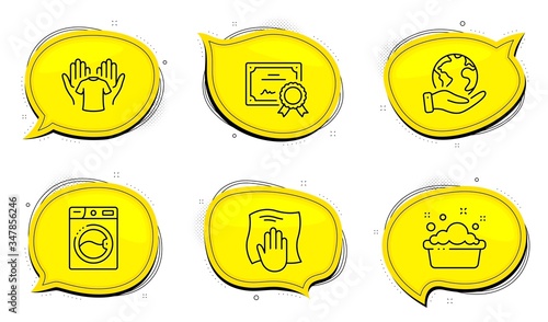 Laundry, Laundry basin, Wipe with a rag. Diploma certificate, save planet chat bubbles. Washing machine, Hand washing and Hold t-shirt line icons set. Cleaning set. Outline icons set. Vector