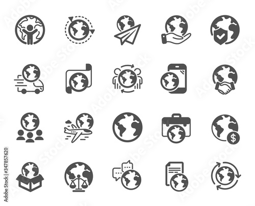 World business icons. Global law, translate language, Outsource business. International organization, financial transactions, world map icons. Delivery service, global outsource. Vector © blankstock
